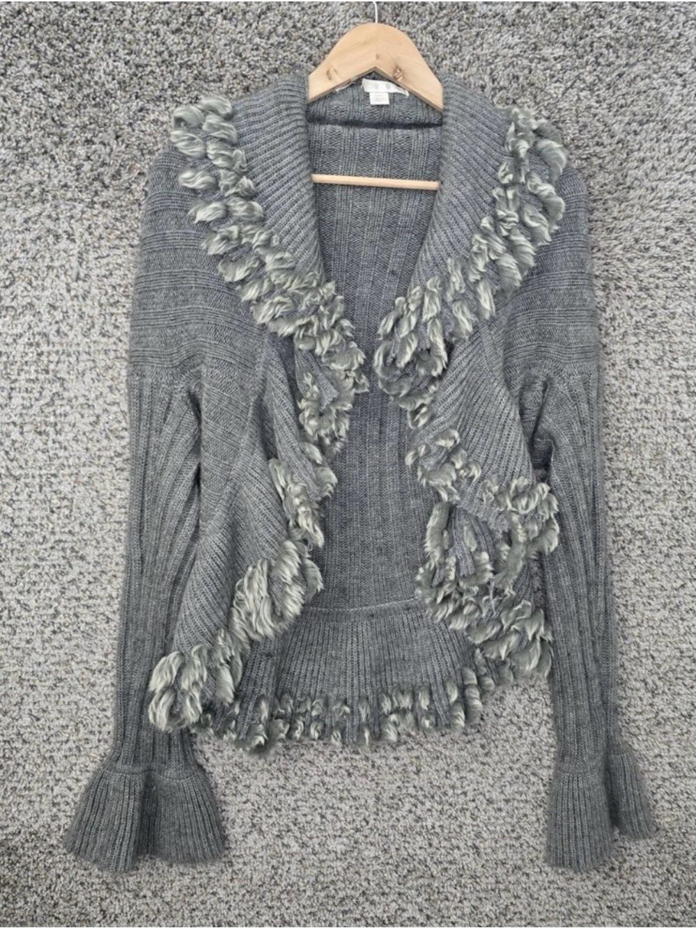 Gray Fringe Shawl Collar Women's Sweater